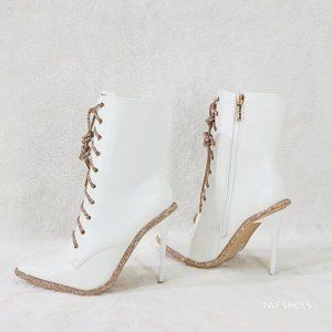 Delightful White Upper High Heel Ankle Boots Rose Gold Rhinestone Trim and Laces